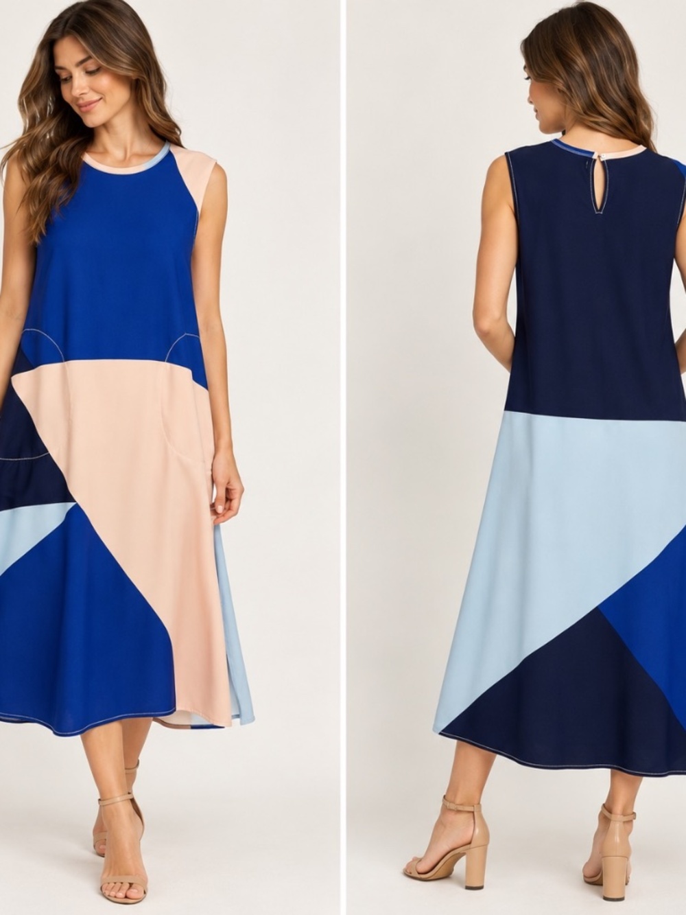 Colorblock Shift Dress Sleeveless Blue Pink Midi Pocket Dress S Ivy Moda